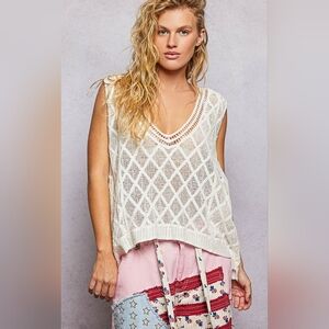 #1323 POL Desert Diamond Weave Crochet Boho Top-Off White